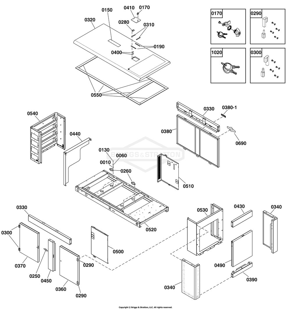 Enclosure Group Diagram and Parts List for 076167-02  Briggs and Stratton Generator